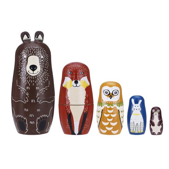 5Pcs/Set Animal Russian Nesting Doll 5 Layers Handmade Wooden Matryoshka Forest Animal Stacking Toy Home Office Desktop Decoration Ornament