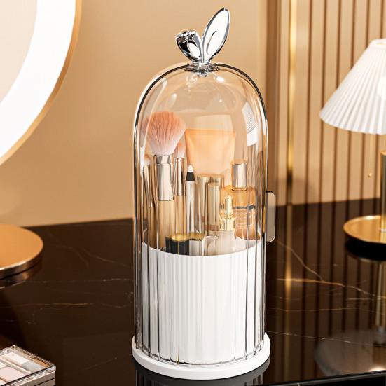 Rotating Makeup Brush Holder Dustproof Makeup Brush Organizer with Sliding Door Cosmetic Tools Beauty Brushes Holder for Vanity Table Bathroom