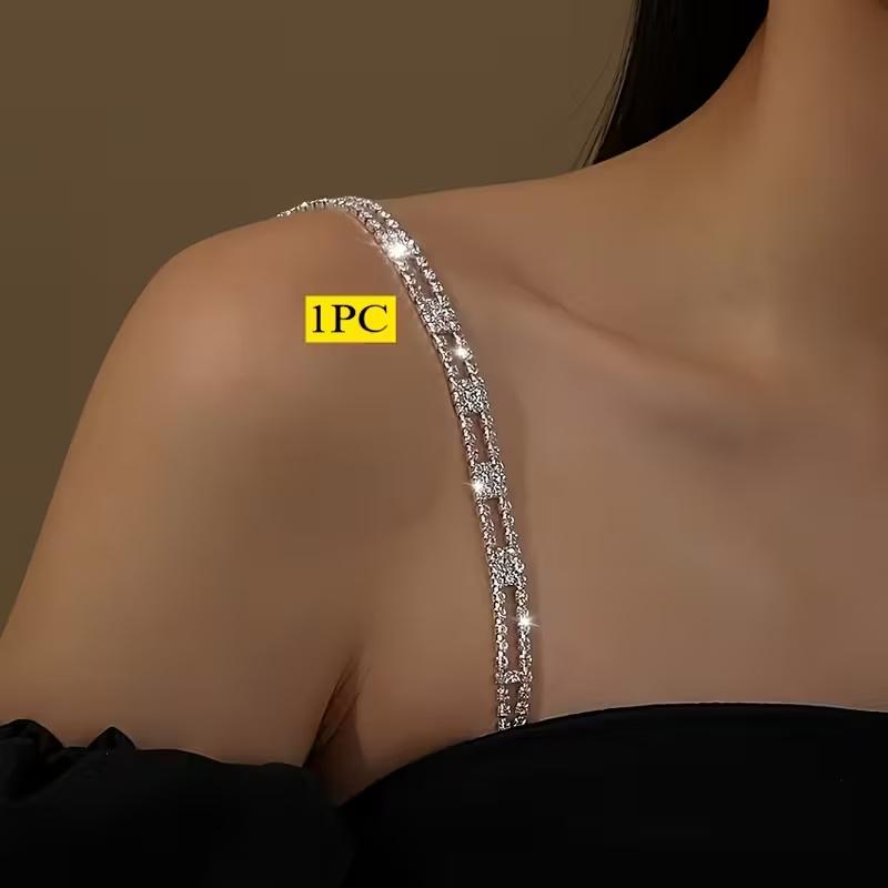 

Luxury Adjustable Invisible Bra Strap with Rhinestones - Anti-Slip Detachable Bands for Wedding, Evening & Party Wear One Size срібний