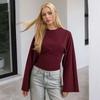 2026 Women's Solid Color Cinched Waist Long Sleeve Top - Fashionable Round Neck, Wide Sleeve.