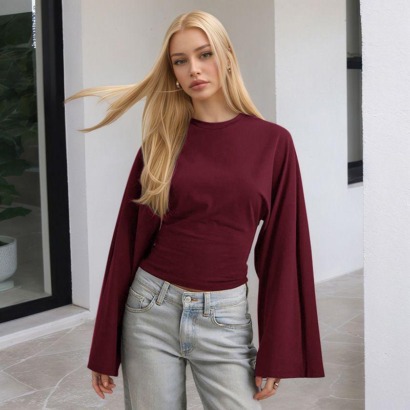 2026 Women's Solid Color Cinched Waist Long Sleeve Top - Fashionable Round Neck, Wide Sleeve.
