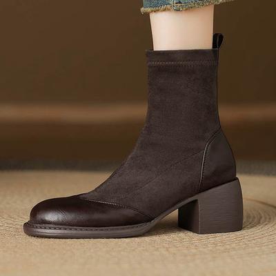 Krazing Po Microfiber Flock Winter Round Toe Size 33 Chelsea Boots Size 43 Zipper Thick High Heels Elastic Ankle Boots