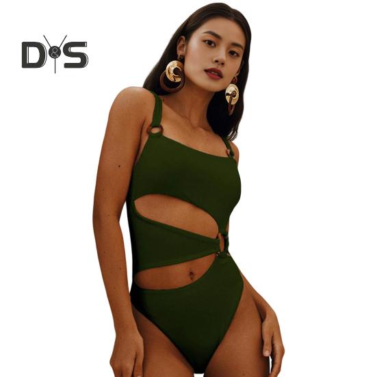 Women Monokini Padded Underwire Solid Color Square Neck One-Piece Bikini with Hollow Design Beach Vacation Swimwear