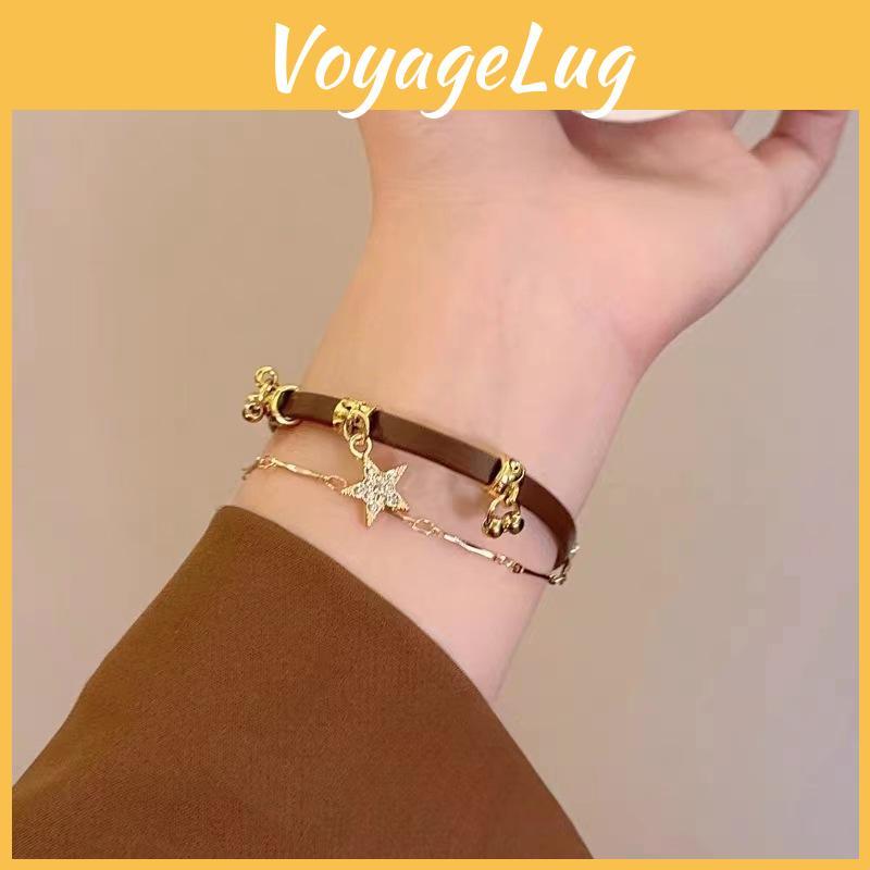 Elegant Coffee Leather Star Bracelet For Women Trendy Artistic Winter Accessory