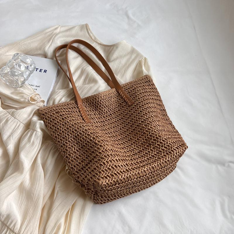 Woven Straw Tote Bag with Leather Handles Large Capacity Summer Beach Bag Women's Casual Handbag Everyday Use