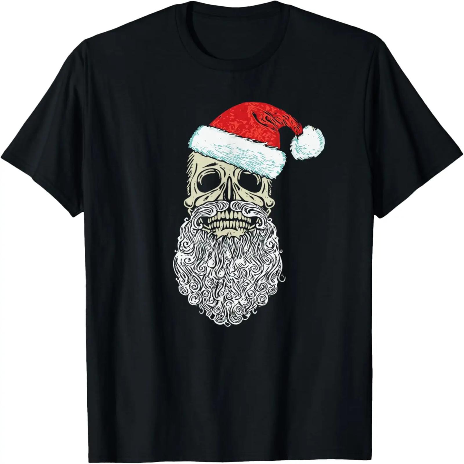 Vintage Skull & Santa Hat Retro Metal Christmas Graphic T-Shirt S