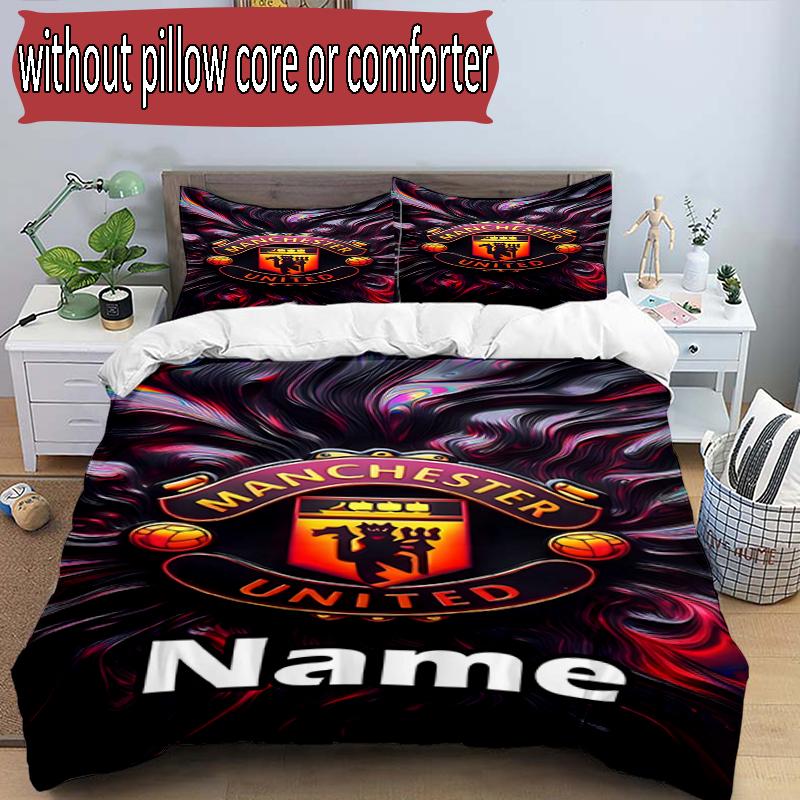 3pcs Duvet Cover Set (1*Duvet Cover + 2*Pillowcase, Without Core), Custom Name Manchester Football F.C Pattern Bedding Set, Home Bedroom Decor Gift