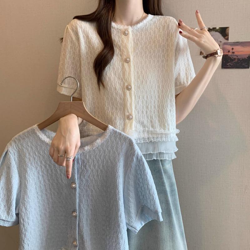 Women Sweet Style Short Sleeve Lace Trim Button Down Blouse