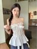 White Ruffled Bow Tie Strap Bandeau Top - Chic Slimming Waist-Cinched Summer Style for Women