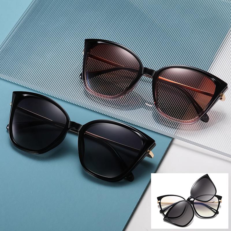 Fashion Cat Eye Polarized Sunglasses Women Trendy Optical Magnetic Clip On Glasses Frame Prescription 2 In 1Sun Glasses