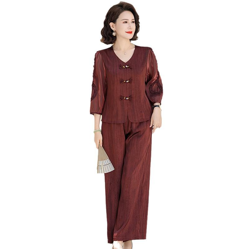 Plus Size Women's Summer Wide-Leg Pants Two-Piece Set for Middle-Aged and Elderly