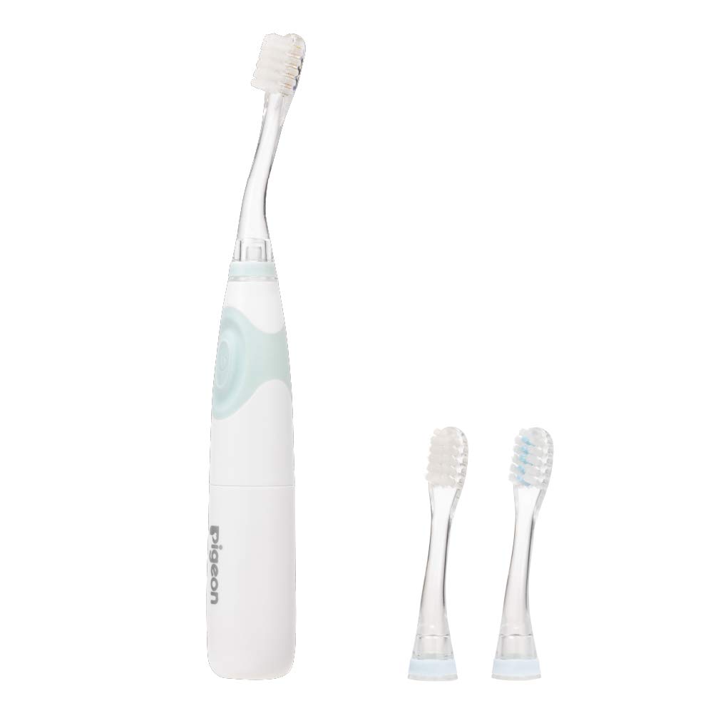 Pigeon First Finishing Electric Toothbrush, Green (for Babies from 6 Months Old), with 2 Types of Bristle Brushes.