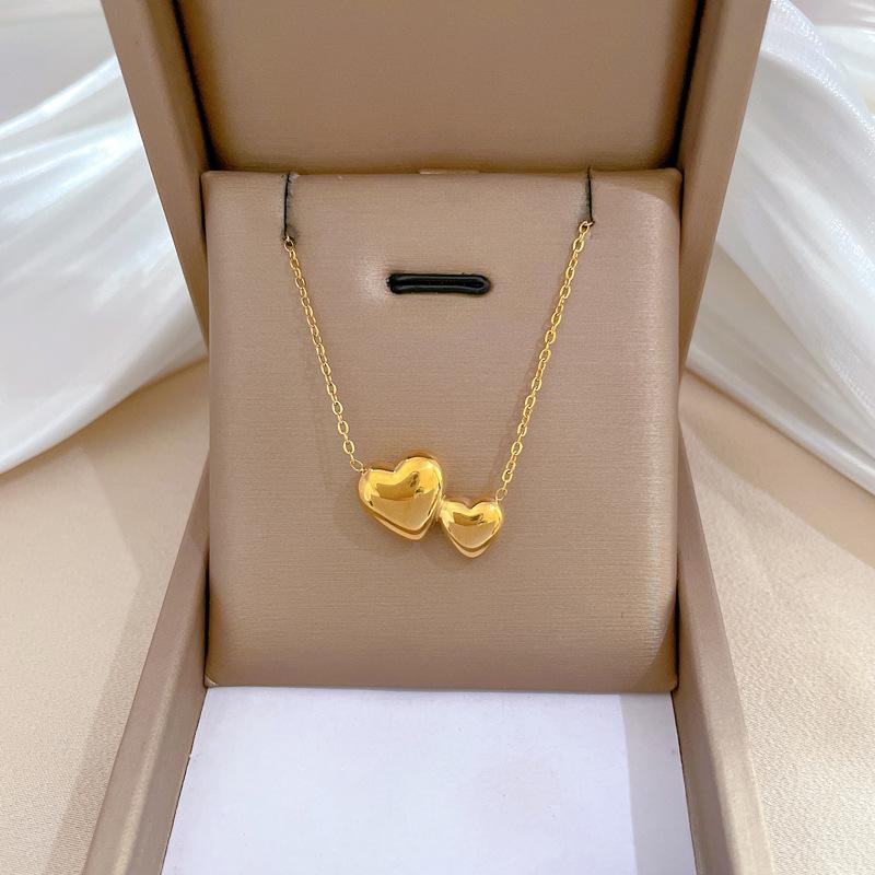 Glossy Double Love Temperament Personality Minimalist Wind Stove Real Gold Necklace Female Collarbone Chain
