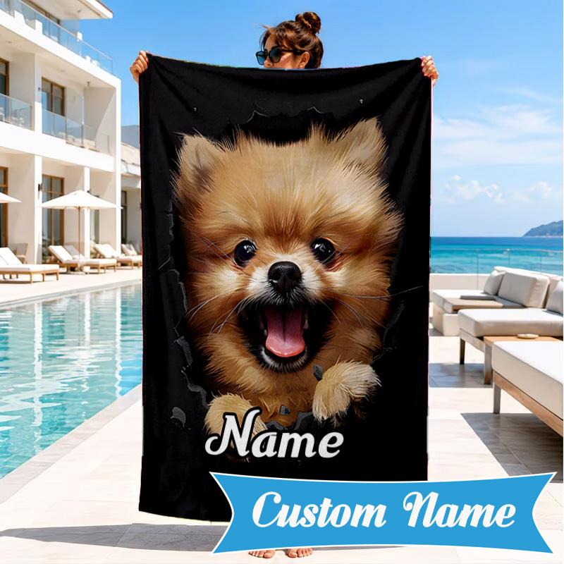 Custom Name Pomeranian through hole. Beach Towel Microfiber Beach Towel, Lightweight and Quick-Dry, for Summer Travel, Swimming Pool Gift