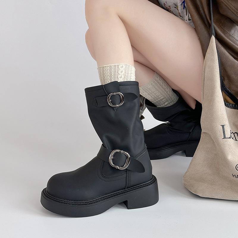Fashion retro leather boots belt buckle Martin boots women's autumn and winter versatile leather casual shoes fashion boots short boots tide