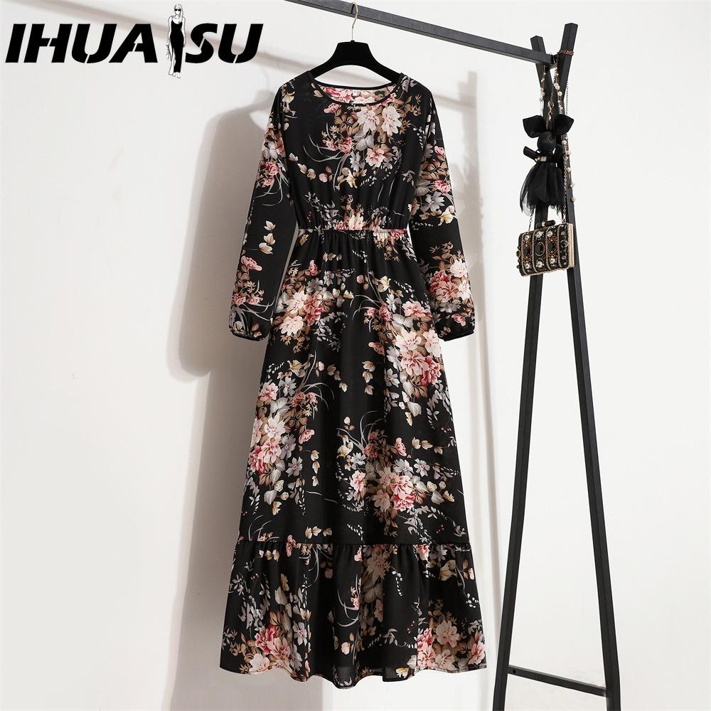 

IHUASU Весна Лето Богемный Женское Макси Платье Повседневный Длинный Рукав Высокая Талия Пляжное Платье Женские Цветочные Шифоновые Платья Vestidoes Mujer Новинка M