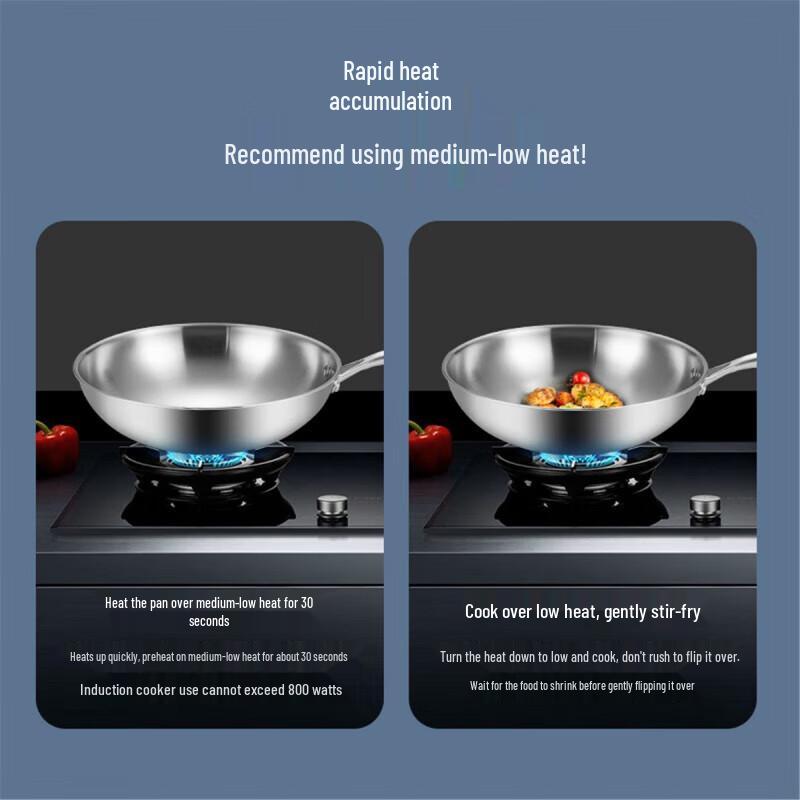 MAXCOOK 304 Stainless Steel Non-Coated Wok