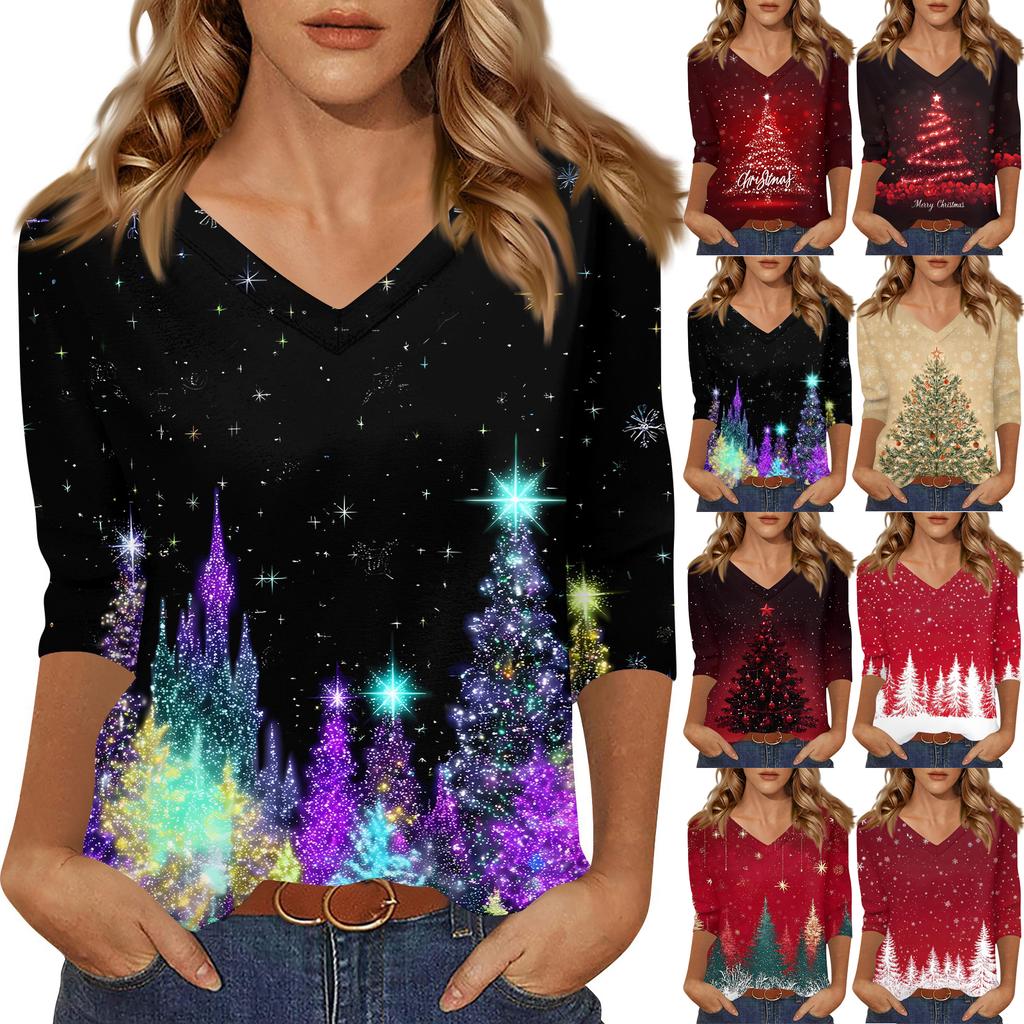 Women's T Shirt CHristmas Print 3/4 Sleeve Daily Weekend Fashion Basic V- Neck Regular Top