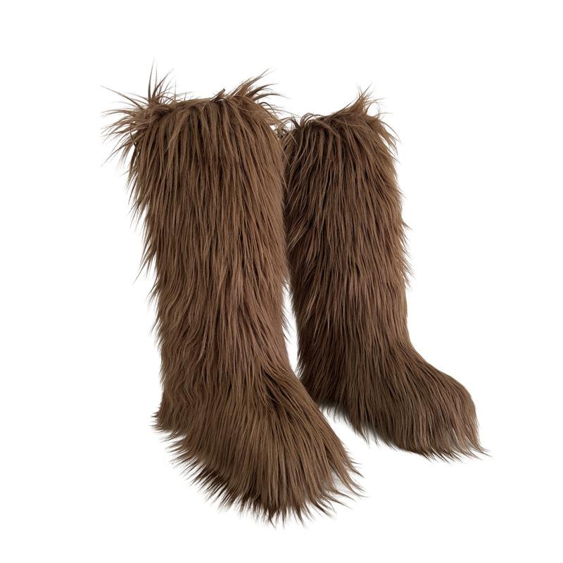 Faux Fur Snow Boot for Women Winter Warm Fluffy Long Furry Long Boots Women's Outdoor Fuzzy Knee-High Boots Plush Warm Snow Shoes for Outdoor Indoor