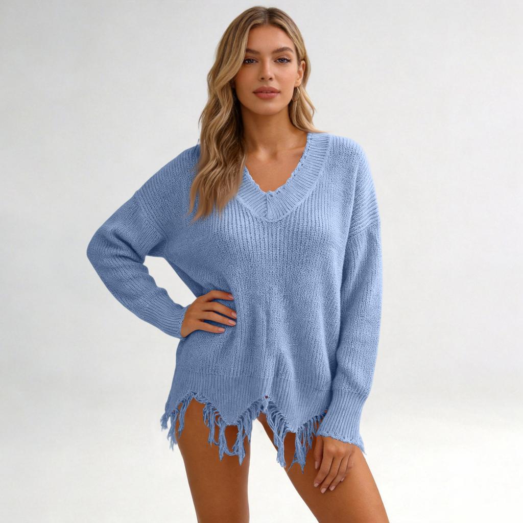 Women's Loose Fit Deep V-Neck Pullover Knit Sweater for Casual Fashion