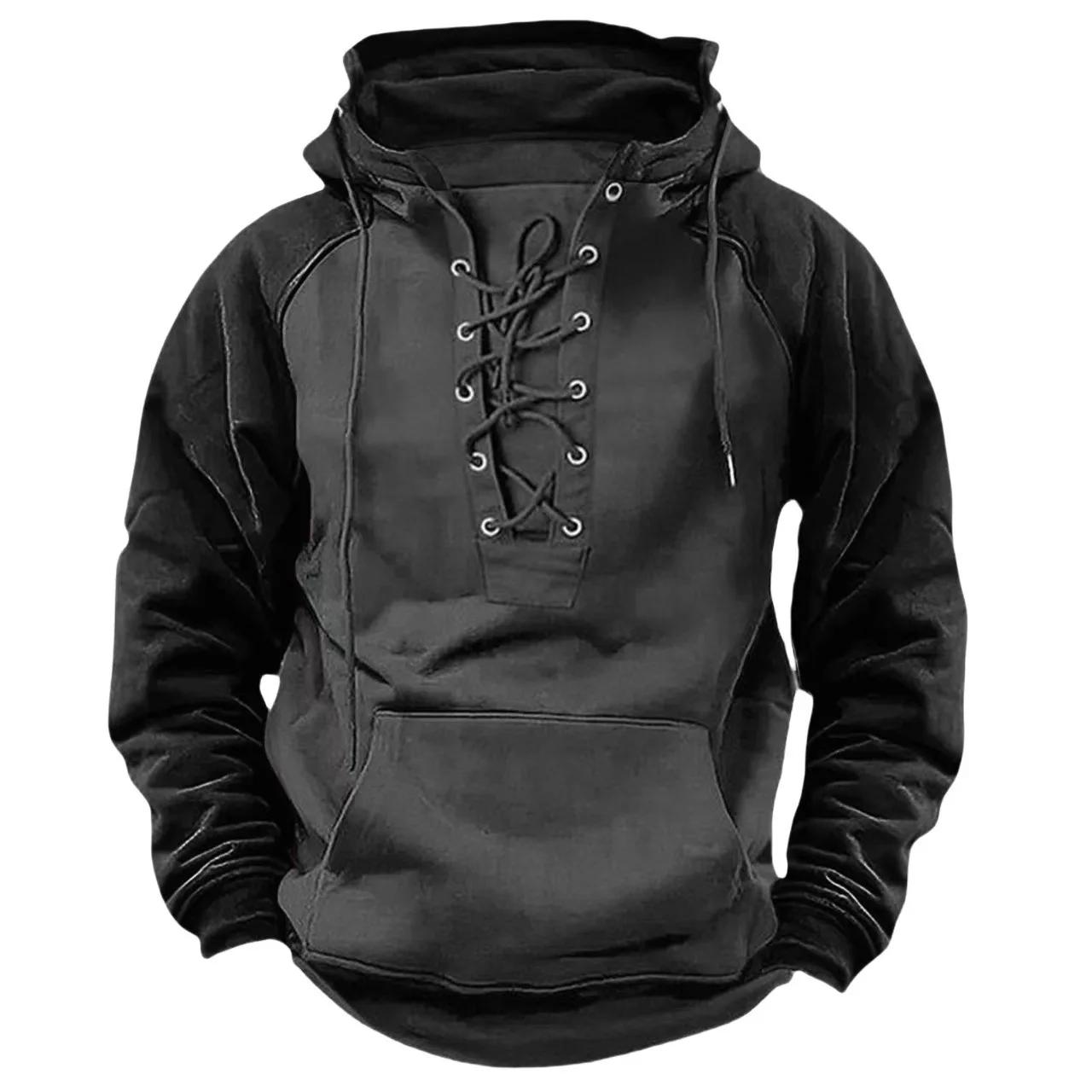 

Autumn Winter Fashion Mens Hooded Sweatshirts Lace-Up Drawstring Long Sleeve Loose Hoodies Men Streetwear Vintage Patchwork Hoodies XL