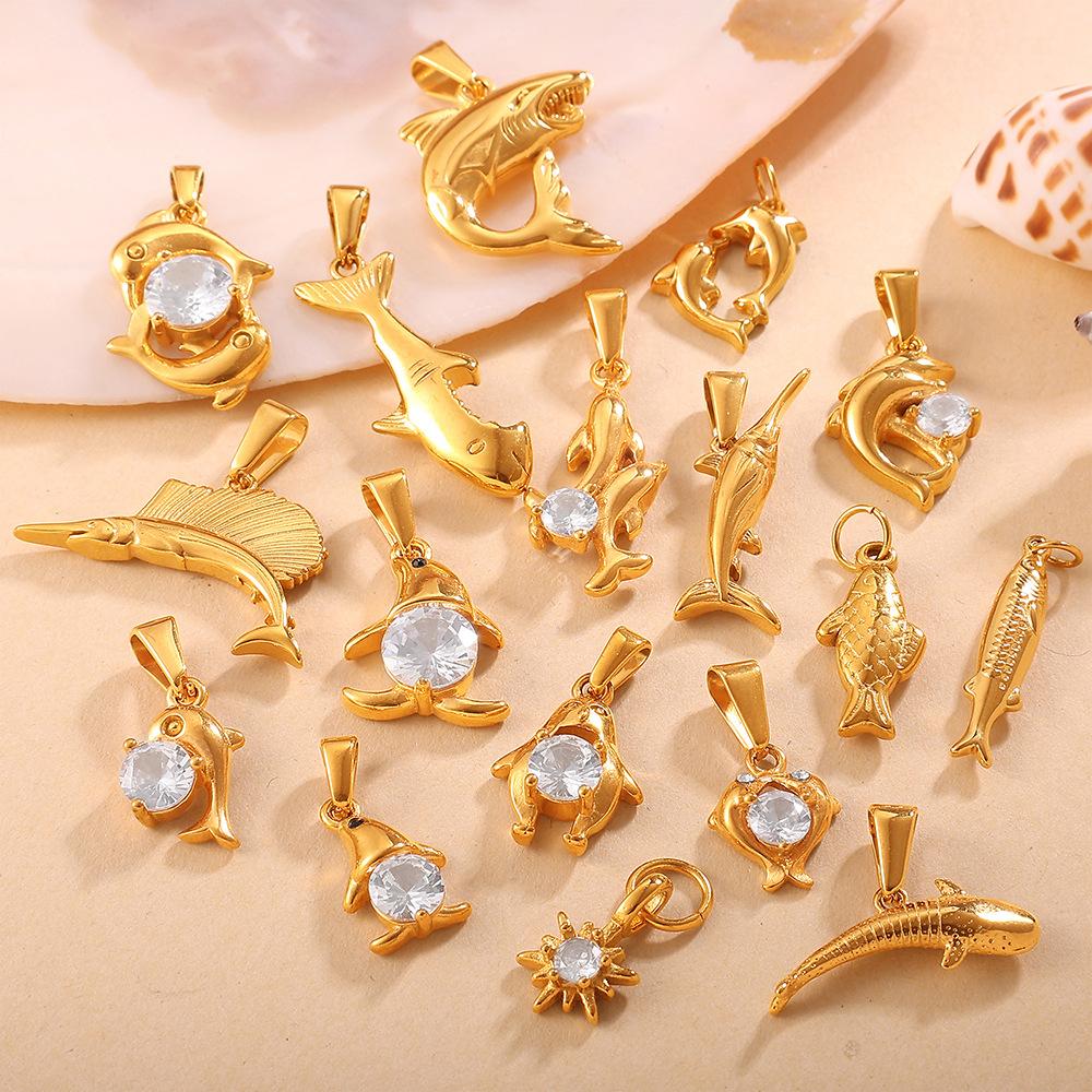 Fashion Versatile Diy Marine Life Dolphin Shark Pendant, Stainless Steel Gold-Plated Zircon Accessories