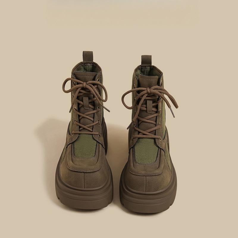 

2025 autumn and winter new thick-soled Martin boots women s green thin splicing retro lace-up British style knight short boots 40