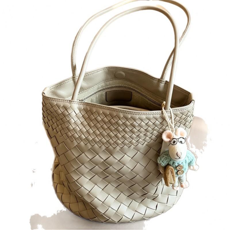 Stylish PU Woven Bucket Bag Women Medium Size Multi-Compartment Magnetic Adjustable Double Strap Urban Casual