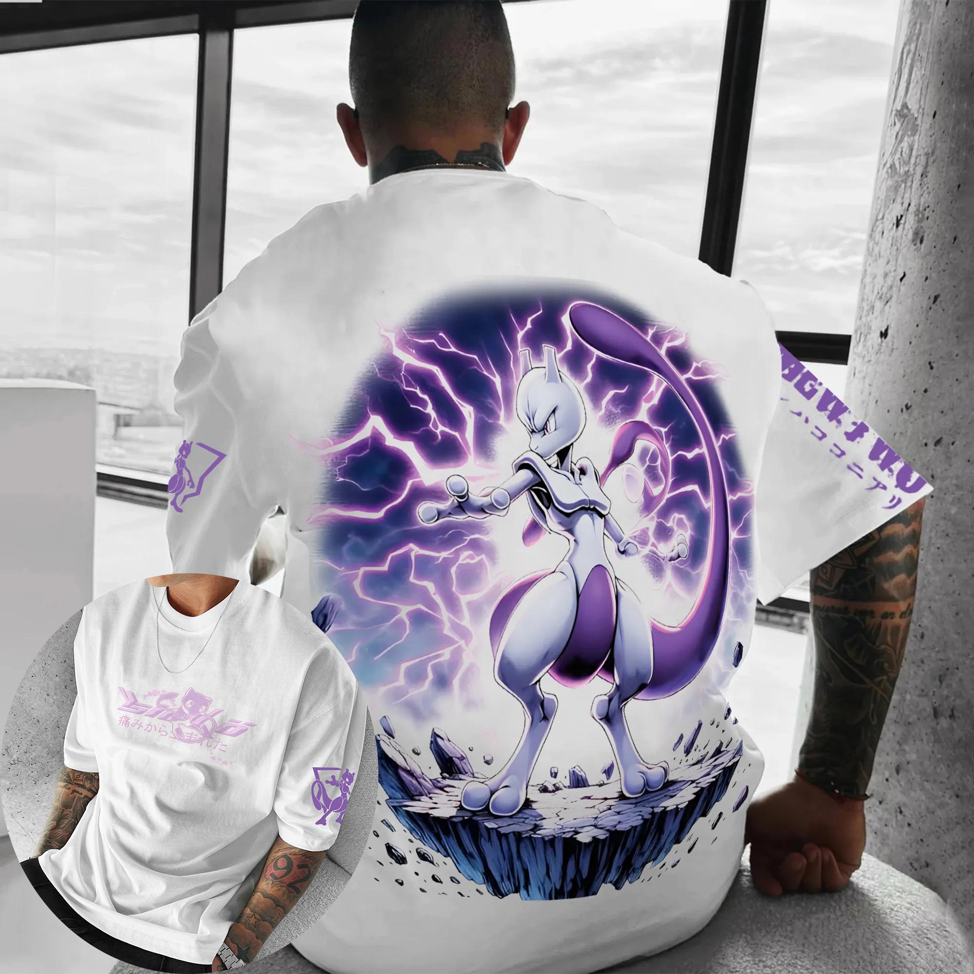 Herren- und Damen-Sommer-T-Shirt aus reiner Baumwolle 2026 Neu Mewtwo Aufdruck Street Hip Hop Lässig Locker Y2K Eltern-Kind-Oberteil L weiß