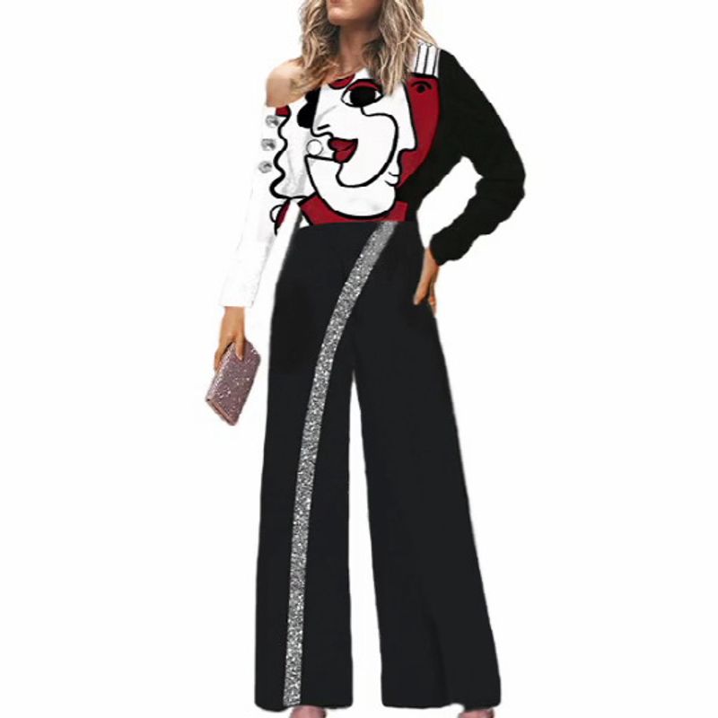 

Women s Diagonal Shoulder Jumpsuit Female Fashion European and American Style Loose Pants Long Sleeve Jumpsuit Black cartoon 2XL