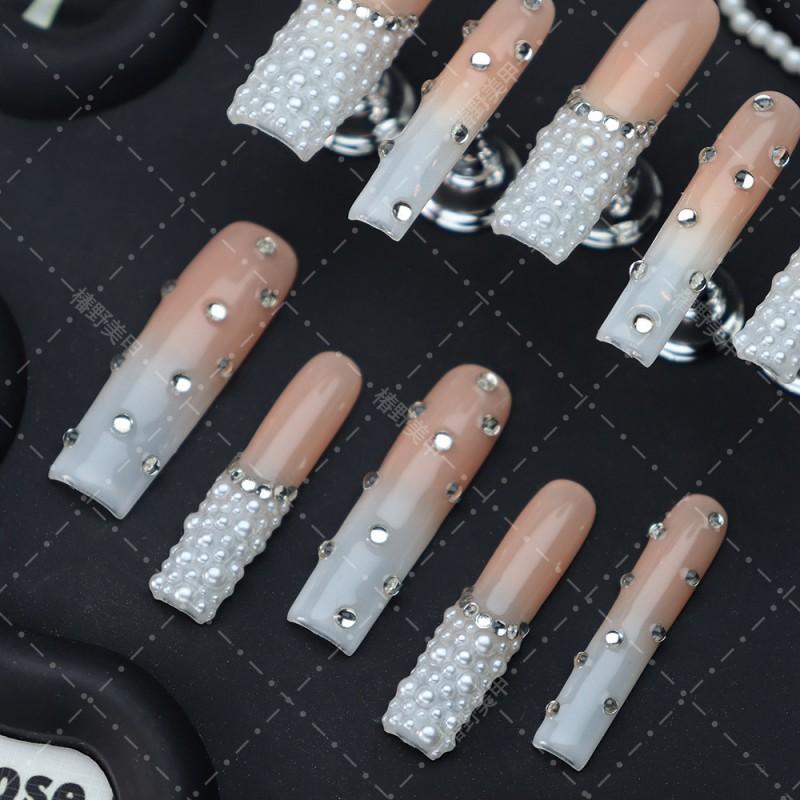 Premium Press-On Nails With Pearl Rhinestone Accents Gradient White Nude A2197 Long Style Handcrafted Acrylic Bridal