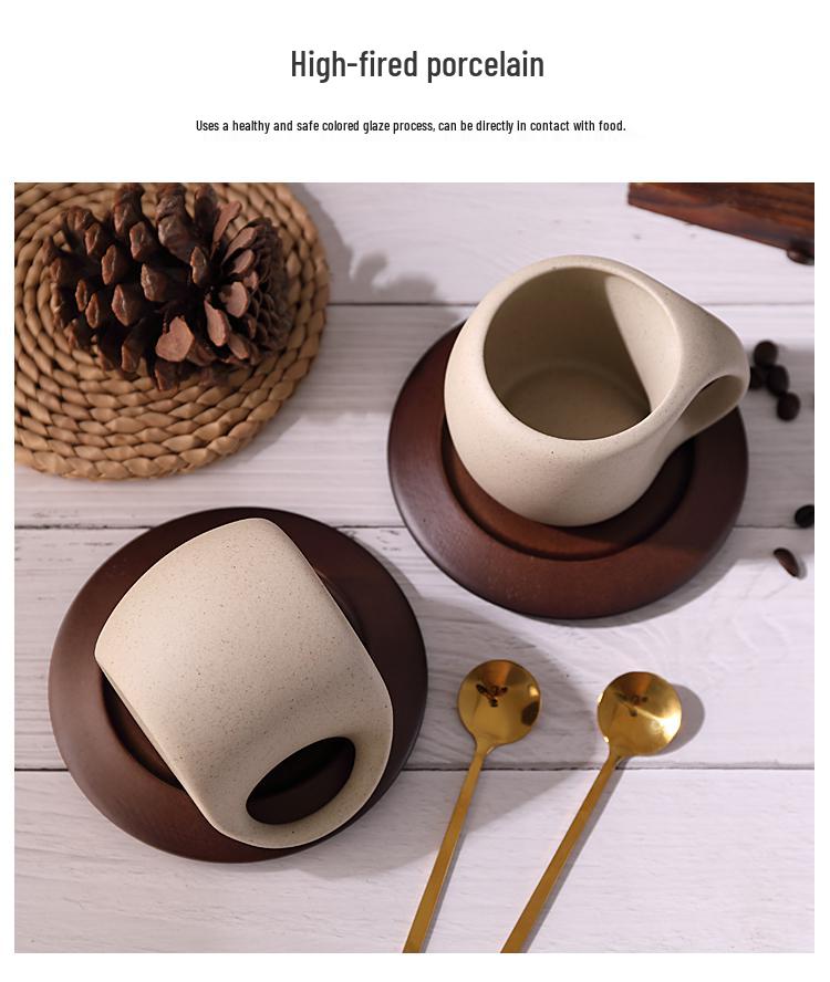 Retro Keramik Kaffee Tasse & Untertasse Set mit Holz Untersetzern & Löffeln – Ideal für Latte, Americano und Nachmittagstee