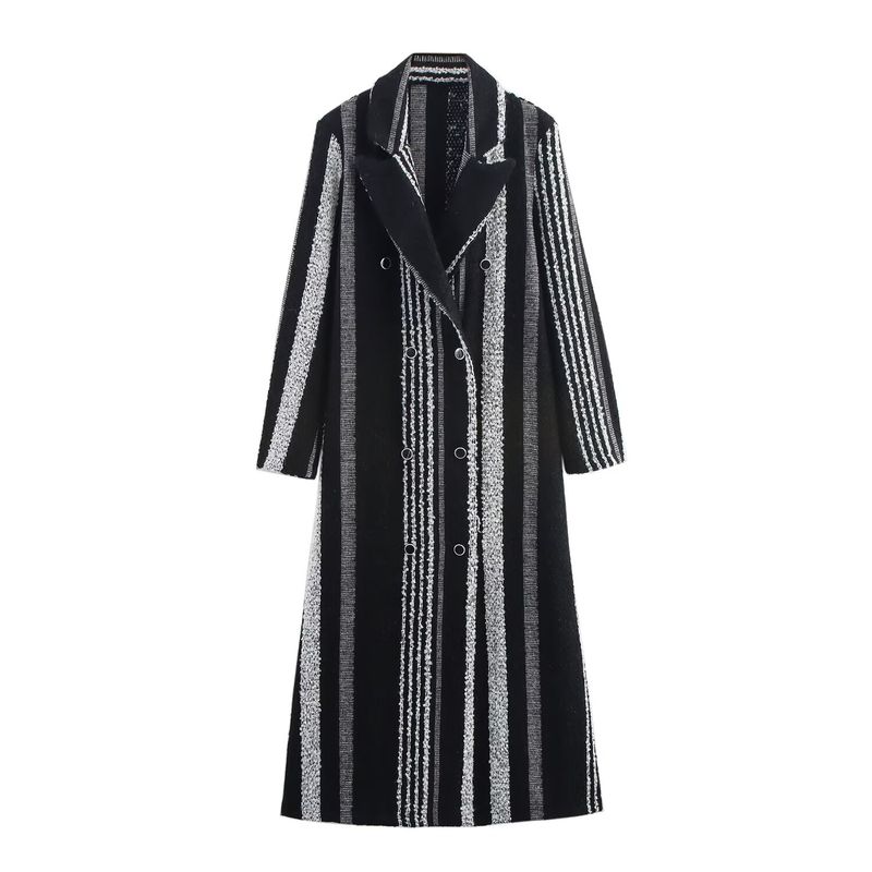 

Kaslead New Women clothes Western Style Fashion Simple Temperament Black and White Stripe Woolen Coat Picture Color L