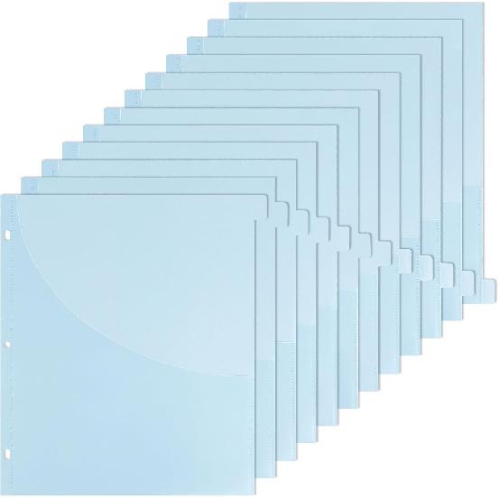 Dividers for 3 Ring Binder, 12-Tab Plastic Binder Dividers with Front Pocket, ertable Translucent Blue Tab Dividers for 3 Ring Loose Leaf Binders,