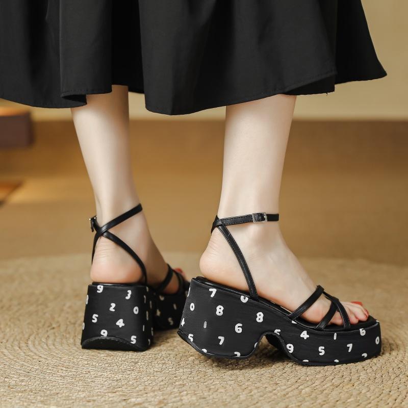 Summer sandals women's slope heel thick sole heightened 7cm waterproof table thick heel one-word buckle black sweet and cool Roman shoes