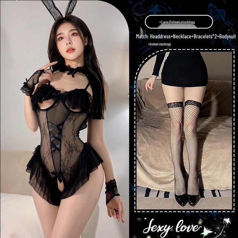 Playful Bunny Girl Lace Nightgown: Seductive, Slimming, Open Crotch, See-Through Women's Lingerie Set