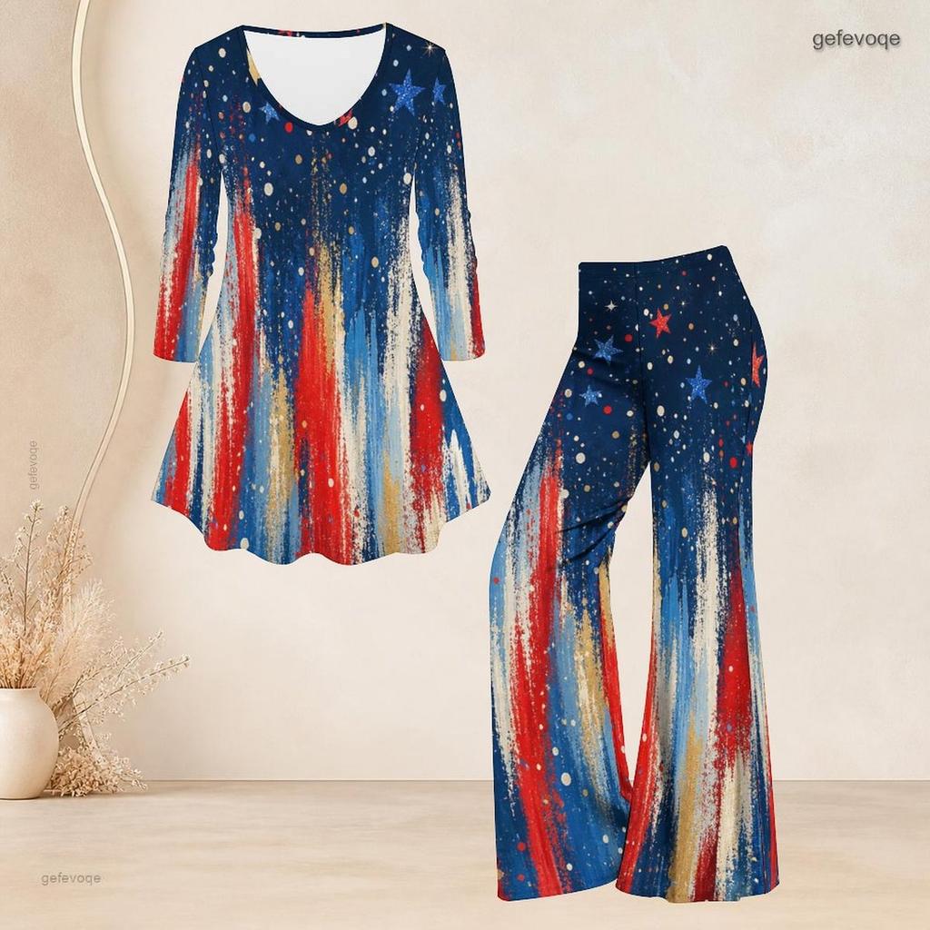 Women Plus Size Round Neck Three Quarter Sleeve Printed Red White Blue Flared Top And Flared Pants Set