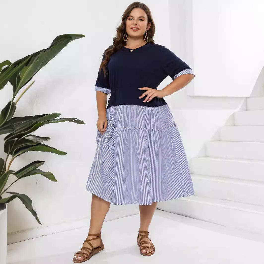 

Летнее женское платье размера плюс с круглым вырезом в полоску, туника, платья с короткими рукавами 5XL синий