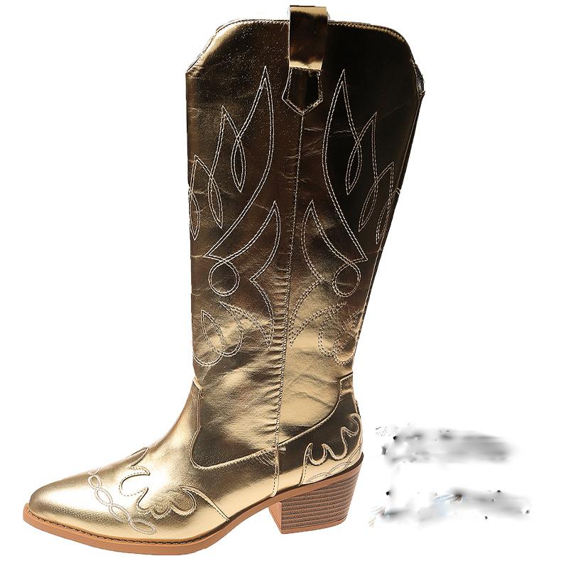 Embroidery Chunky Women High Boots Pointed Toe Designer Mid Heels Shoes 2025 Trend Winter Pumps Knee High Chelsea Botas De Mujer