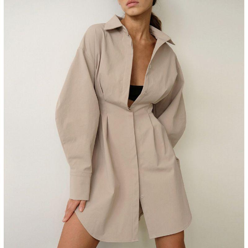 

Dress Spring & Fall Women s French Style Shirt Dress Waist-Tight Elegant Slim-Fit Long Sleeves Silm Fashion Retro Niche Dress Khaki L