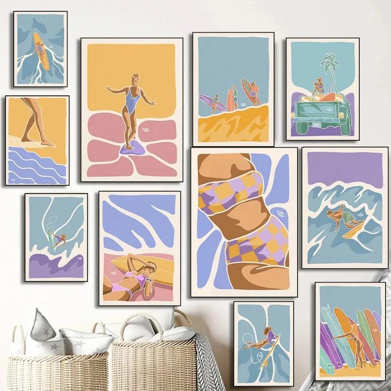 Abstrakte Meereslandschaft Strand Mann Mädchen Surfen Welle Surfbretter Auto Wandkunst Poster und Druck Leinwandmalerei Bilder Heimdekor