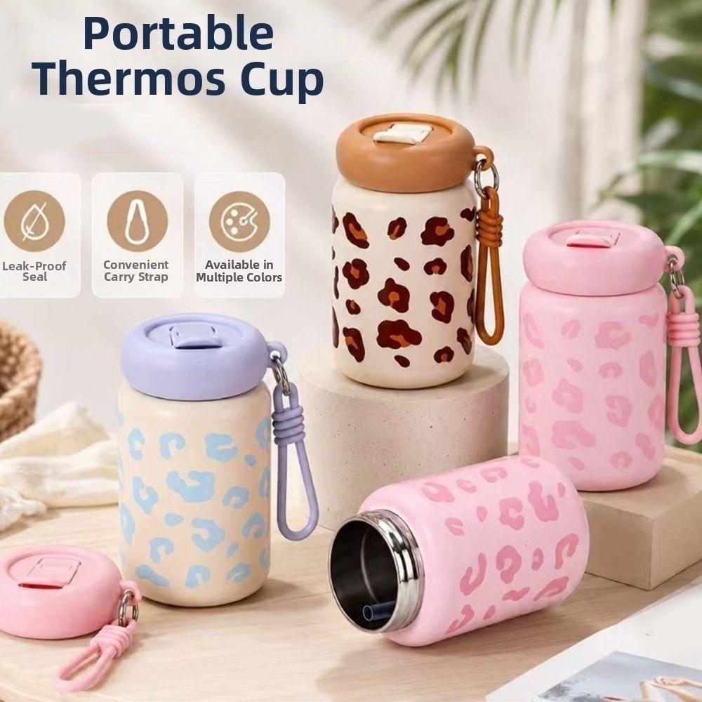 Leopard Print Straw Thermos Cup 360ml Drinking Water Cup Insulated Water Bottle Kitchenware