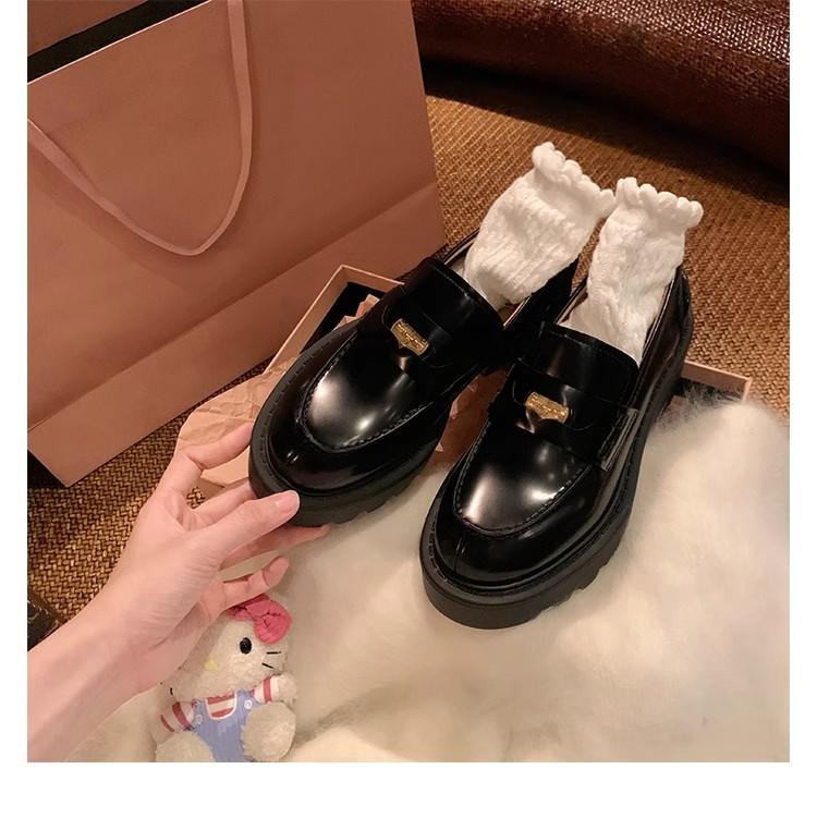 Spot second delivery! Grape mother has the same small gold coin round head leather shoes thick heel thick sole single shoes one pedal loafers women