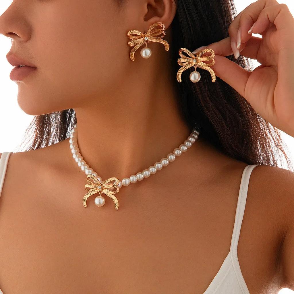 Simulation Pearl Bow Choker for Women Bowknot Necklace Earrings Wedding Jewelry Accessories