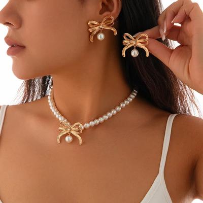 Simulation Pearl Bow Choker for Women Bowknot Necklace Earrings Wedding Jewelry Accessories