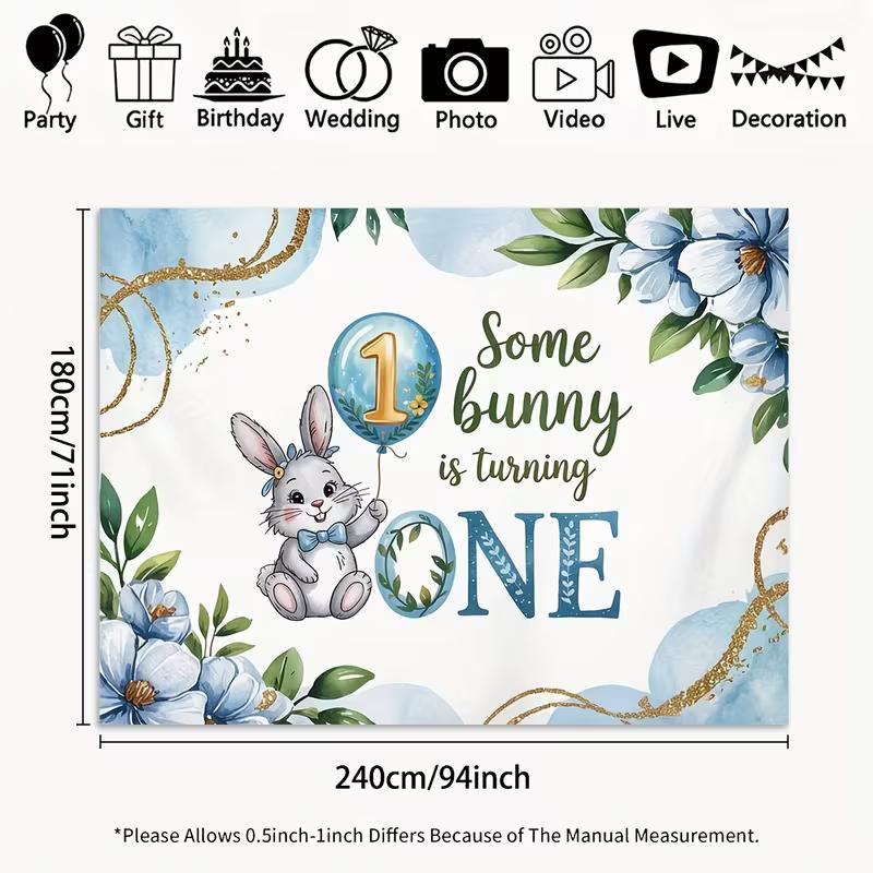 2D Baby Junge 1. Geburtstag Kulisse Süßes Kaninchen mit Luftballon und Blauen Blumen Party Foto Hintergrund