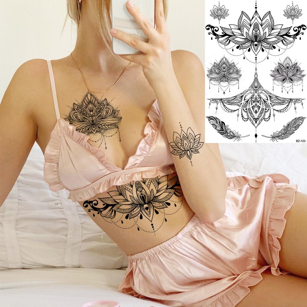 Lotus Henna Mandala Chest Temporary Tattoos For Women Underboob Adult Butterfly Turtle Lion Fake Tattoo Sexy Waterproof Tatoos