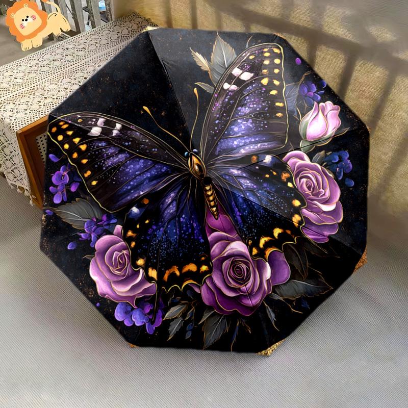 1 PC Automatic Folding Umbrella - Butterfly and Roses Pattern, Portable & Foldable Design with 8 Ribs, Christmas Birthday Gifts