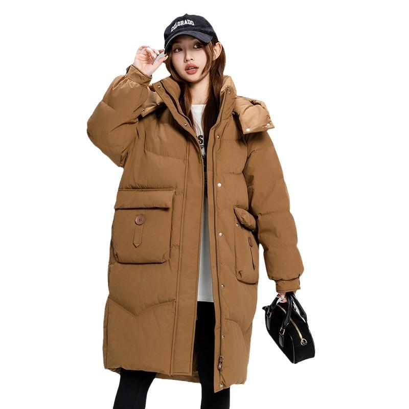 Women's Autumn and Winter Coat Solid Color Stand Collar Hooded Loose Thickened Windproof Mid-length Women's Jacket
