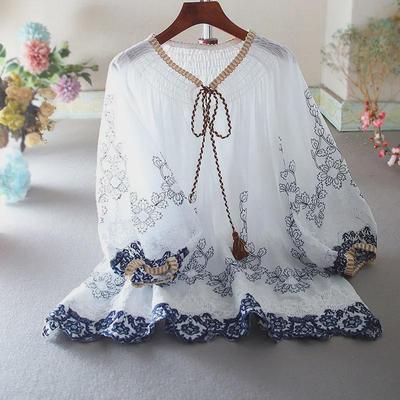 Ethnic Off-Shoulder Ruffled Embroidered Lantern Sleeve Cotton-Linen Top